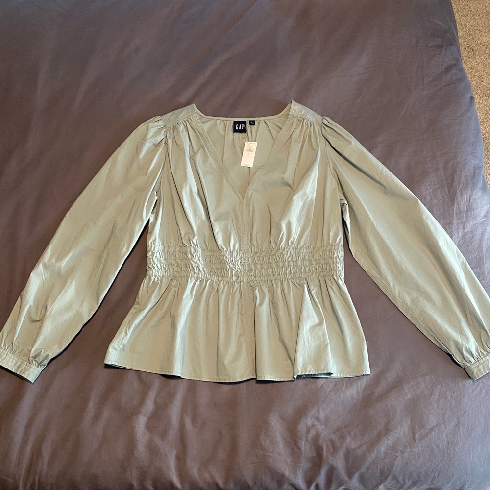 NWT GAP Puff Sleeve Peplum Top Sage Size Large - Picture 2 of 13